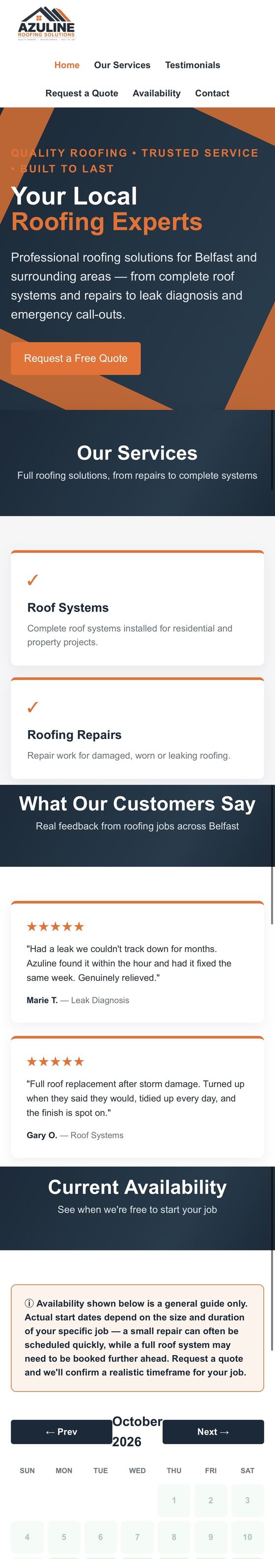 Azuline Roofing Solutions website on a phone