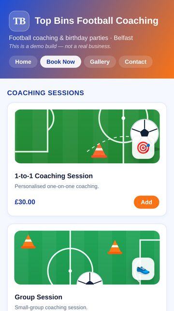 Coaching & Party Booking: Book Now page