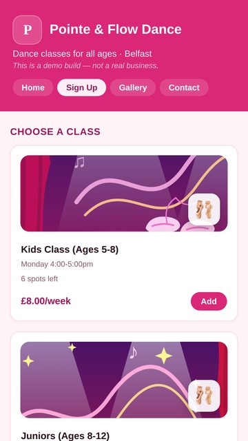 Recurring Class Sign-Up: Sign Up page