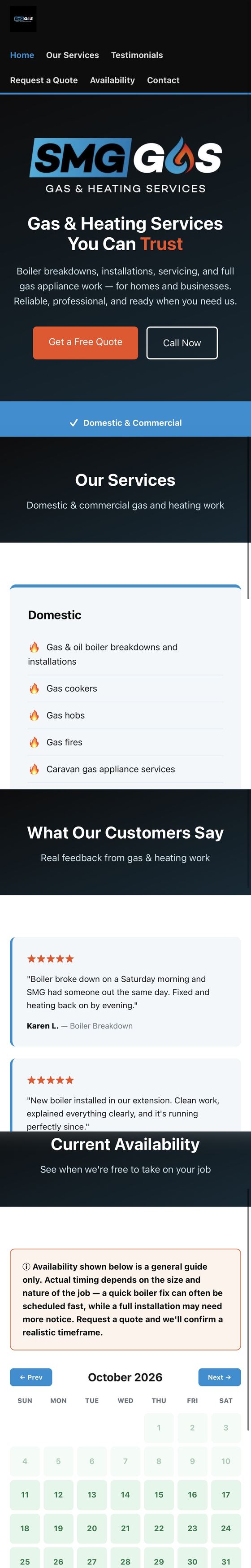 SMG Gas & Heating Services website on a phone
